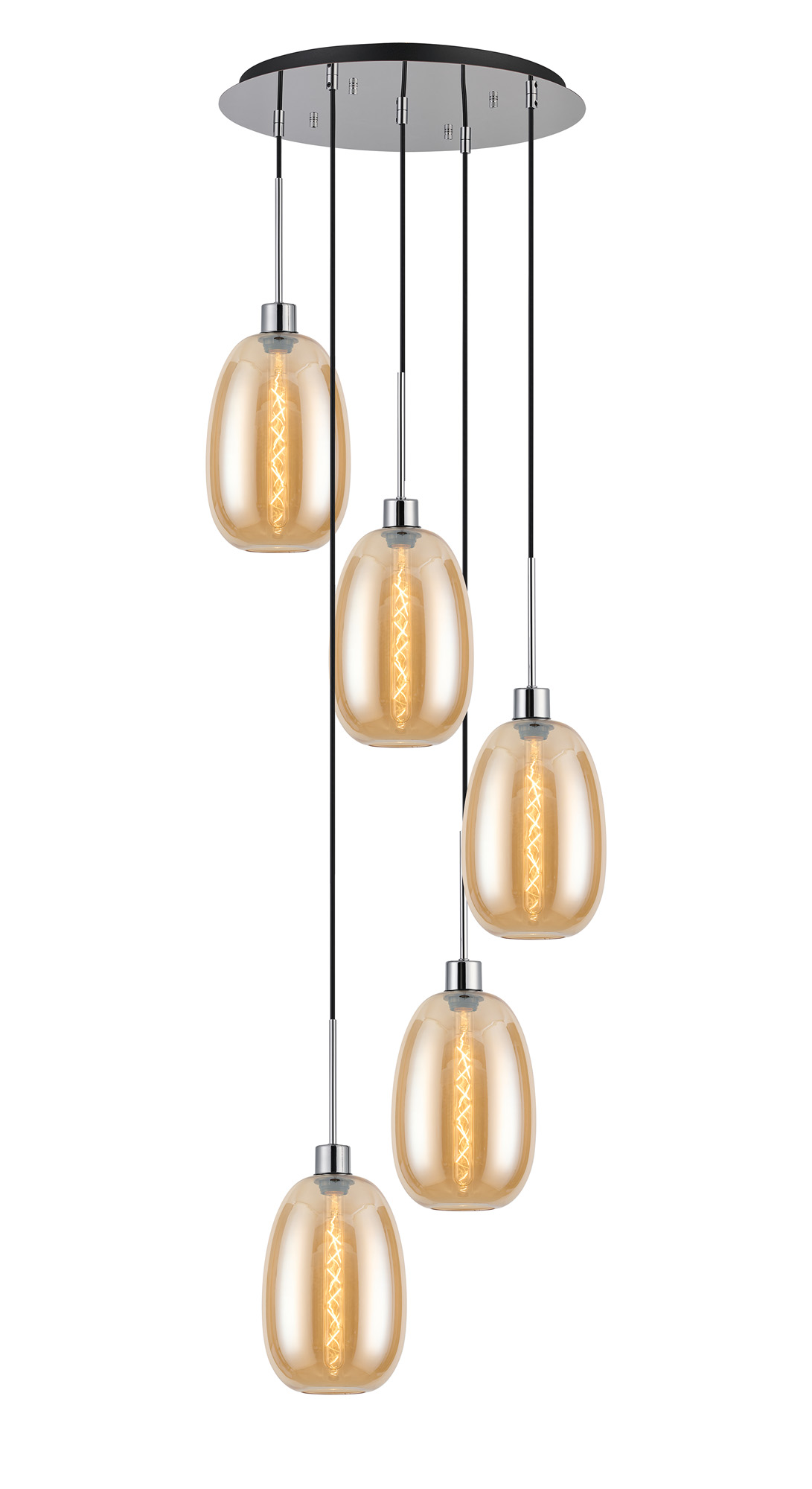 DK1281  Lori 45cm Round Pendant, 5 Light Adjustable E27, Polished Chrome/Amber Slim Curved Trapezium Shades